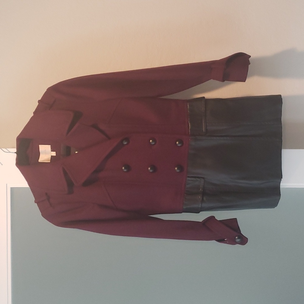 NWT Skies Are Blue Size XS Burgundy and Black Wool Blend Pleater Pea Coat